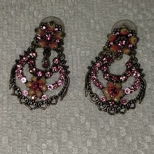 Pink Crystal and Enamel Flower Nouveau Earrings